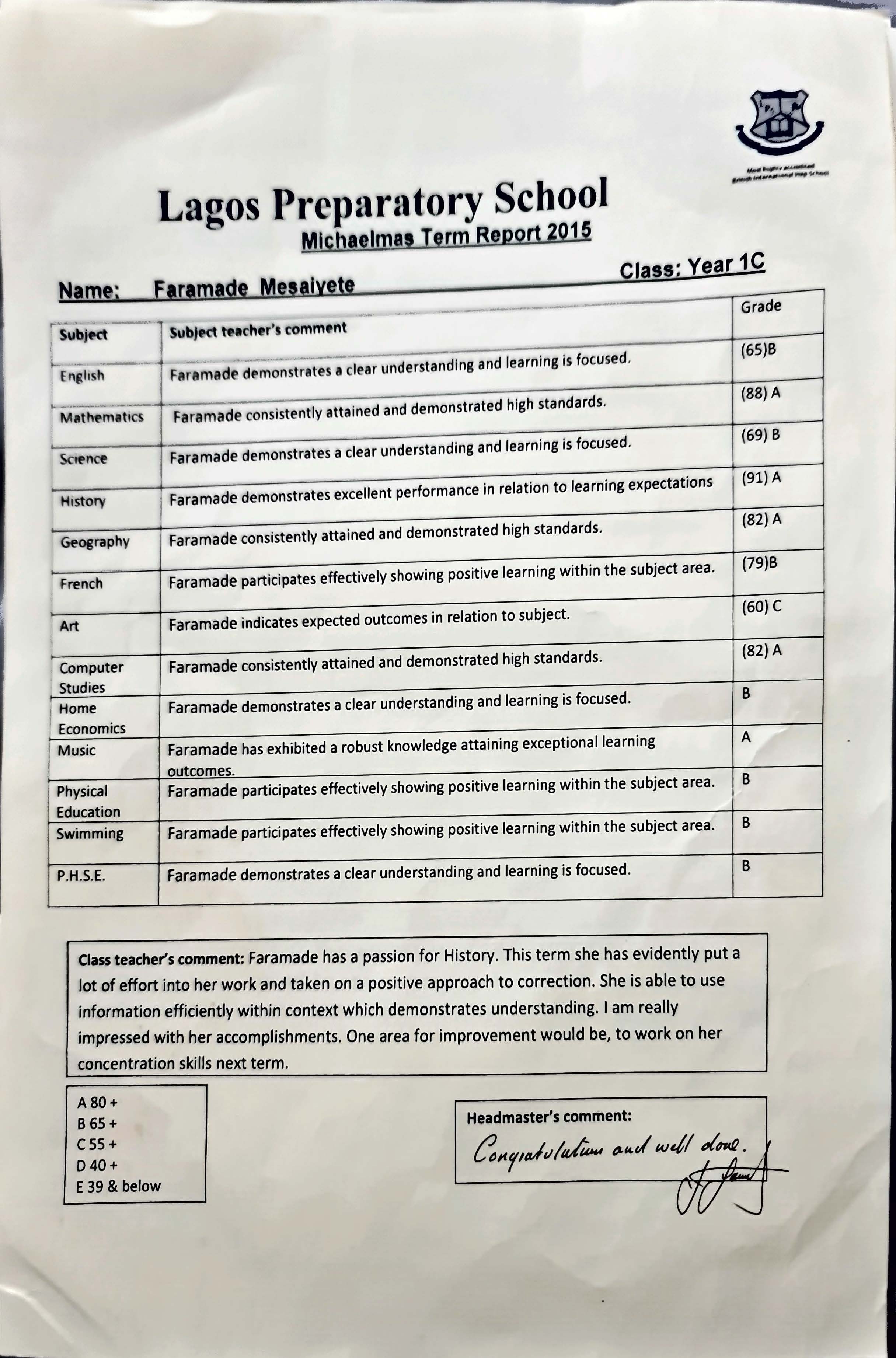 Lagos Preparatory School certificates 